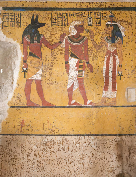 A restored section of the South Wall in King Tut’s tomb. The damage at left was caused by Howard Carter during the tomb’s clearance.